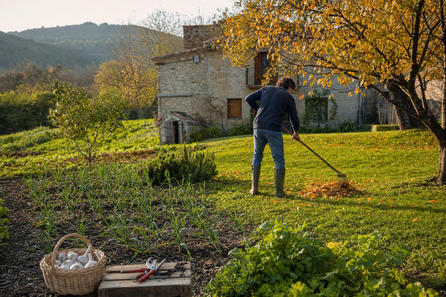 Jardinero rastrillando hojas en otoño junto al huerto de ajos